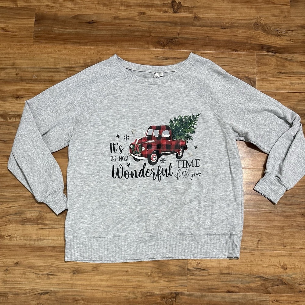 Women's Cato Gray Round Neck Long Causal Sleeve Christmas Tree Truck Size 14/16W